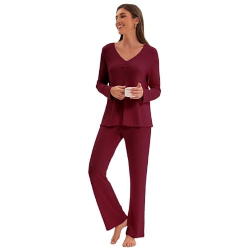 Navisting Women's Cool Pajamas Set Lightweight Sleepwear V-Neck Top and Pants Long Sleeve Two Piece Loungewear Elegant Wavy Hem Burgundy M - Thumbnail 2