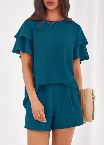 KIRUNDO 2 Piece Sets For Women Summer Ruffle Short Sleeve Top Elastic Waist Pants Matching Lounge Set Vacation Travel Outfits(Dark Blue, Small) - Thumbnail 4