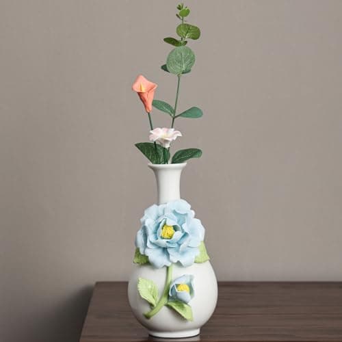 Handmade Pinched Flowers Ceramic Vase with One Ceramic Rose Flower, Home Decor Ceramic Vase for Dining Table, Living Room, Kitchen, Bedroom, Shelf, Office, Coffee Table, Restaurant & Fireplace Mantel - Thumbnail 4