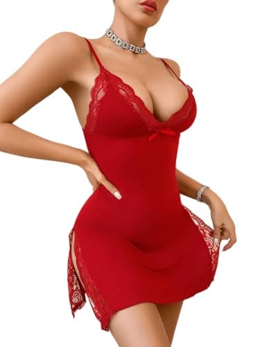 ADOME Women's Lingerie Bridal Lingerie Lingerie Dress Chemise Nightgowns for Women Lace Trim Sleep Dress Red S - Image 1