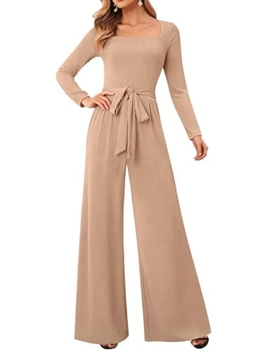 LOOKBOHO Dressy Jumpsuits for Women Casual Square Neck Long Sleeve Wide Leg Elegant 2025 One Piece Jumpsuit Outfits Khaki S - Image 1
