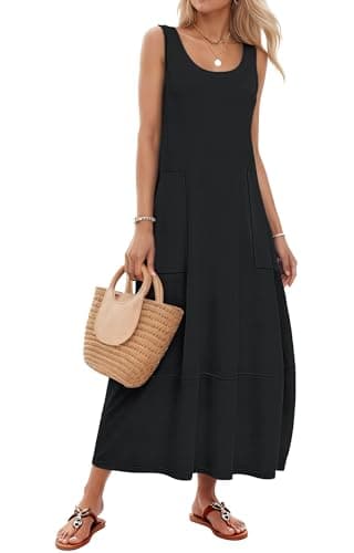 WNEEDU 2026 Summer Maxi Dress Flowy Boho Casual Sundress with Pocket Soft Sleeveless Beach Vacation Outfit,Black,2XL - Image 1