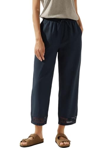 Acelitt Women's Fashion 2026 Casual Linen Pants Lightweight Drawstring Elastic High Waist Spring Summer Ankle Cropped Pants Trousers Blue Small
