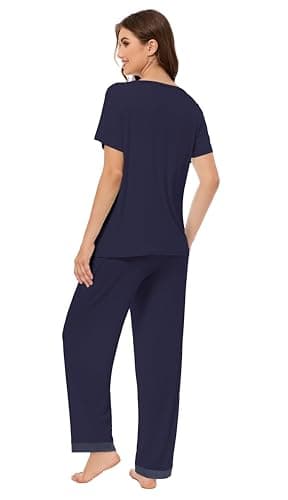 LUBOT Bamboo Viscose Pajamas for Women Soft Breathable Cooling Womens Pajama Set Two Piece PJ Sets Short Sleeve Pants Loungewear Nightwear Sleepwear (Navy Blue,S) - Thumbnail 6