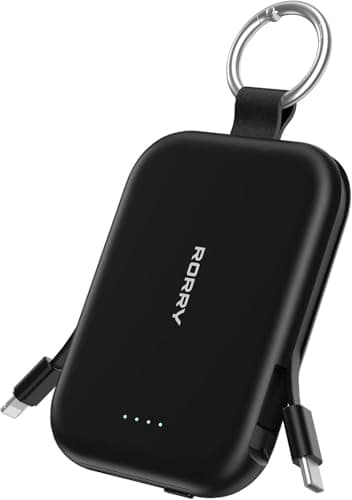 RORRY Portable Charger, 5000mAh Portable Charger Power Bank with Built-in Cables, Travel Keychain Charger Battery Pack for iPhone 17/16/15/14/13/12, for AirPods 2/3/4/Pro, Black - Image 1