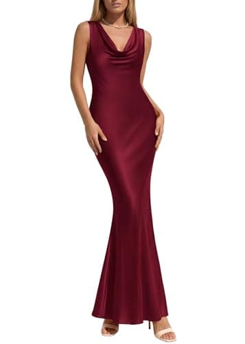 KIRUNDO Womens Summer Cowl Neck Sleeveless Satin Maxi Dress Elegant Bodycon Cocktail Wedding Guest Party Long Dresses(Burgundy, Large) - Image 1