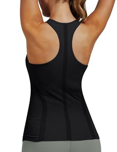 Women's Seamless Racerback Tank Top, Crew Neck Workout Yoga Padded Athletic Shirts Black - Thumbnail 4