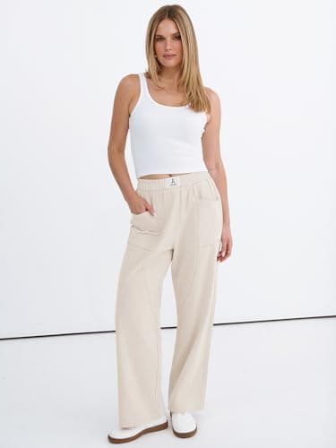 ANRABESS Womens Casual Pants 2026 Summer Loose Fit Lounge Pants with Pockets High Waisted Elastic Waist Straight Leg Trousers Beige S - Thumbnail 6