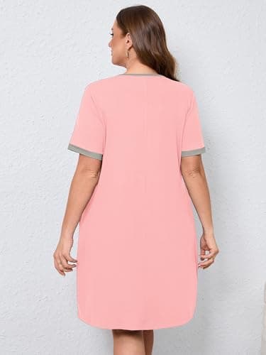AusLook Plus Size Women's Nightgown 2X Pink Short Sleeve Sleep Dress Sleepwear Soft Sleepshirts Pleated Scoopneck Nightshirt Sleep shirts with Pockets - Thumbnail 2