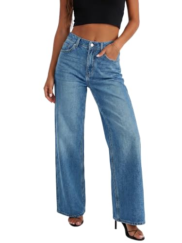 HDLTE Women's High Waist Baggy Boyfriend Jeans - Wide Leg Loose Denim Pants with Pockets(Blue,Small) - Image 1