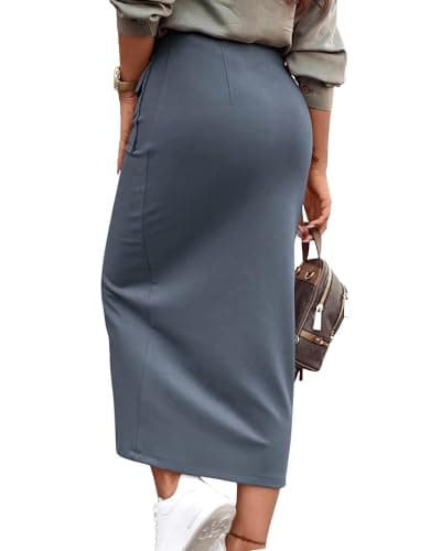 KIRUNDO Midi Skirts for Women Spring Summer High Waisted Cargo Trendy Pencil Slit Dressy Casual Business Work Long Skirt(Medium, Grey Blue) - Thumbnail 2