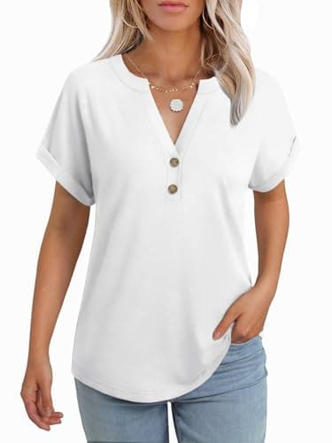 GKBK Women's Short Sleeve Henley Tops Vneck Dressy Casual Blouses Comfort Fit Summer Trendy Tee Shirts Tshirts 2026 Vacation Fashion Clothes White M - Image 1