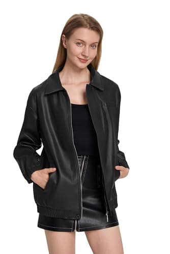 Moreone Faux Leather Jacket Women Oversize Leather Bomber Jacket Zip Up Going Out Jackets for Women 2026 Fall Fashion Moto Jacket Black S - Thumbnail 6