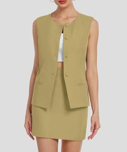 Casly Lamiit Womens 2 Piece Blazer Outfits Summer Vest Suit Short Skirt Sets Business Casual Button Down Vest Work Matching Set Mustard Yellow M - Thumbnail 2