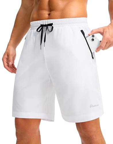 Pudolla Mens Shorts 5"/9" Gym Shorts with Zipper Pockets Lightweight Quick Dry Running Shorts for Men(Thick White L9_S)