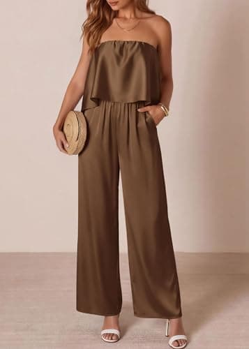 KIRUNDO Jumpsuits For Women Dressy 2026 Summer Satin Strapless Romper Flowy Tube Top Spring One Piece Vacation Outfits(Brown, XX-Large) - Thumbnail 3