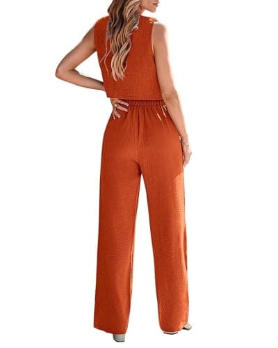 KIRUNDO Vest and Pants Set Women 2 Piece Outfits Sleeveless V Neck Linen Copped Blazer Vest and Wide Leg Pants Suits Brunch Summer Outfits 2026 Work Clothes(Brick Red, Medium) - Thumbnail 2