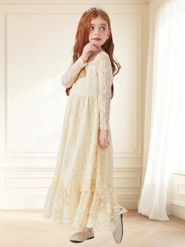 ALLOVIN Toddler & Girls Long Sleeve Lace Flower Girl Dress Maxi Boho A-Line Dress for Wedding Baptism 1st Communion | Light Yellow | 10-11Y - Thumbnail 2