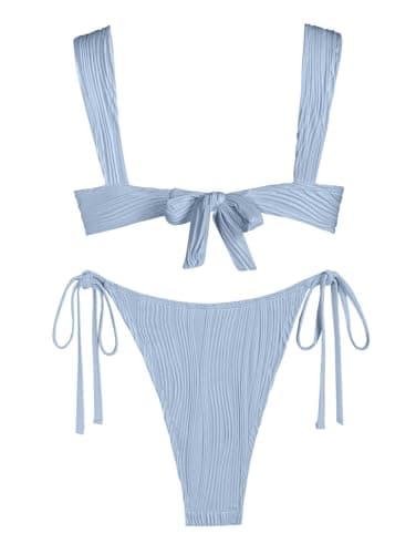 seamoly Swimsuit for Women 2025 Ribbed Cutout Tie Front Sexy Bikini Set Comfortable High Leg Thong Swimwear Light Blue Small - Thumbnail 4