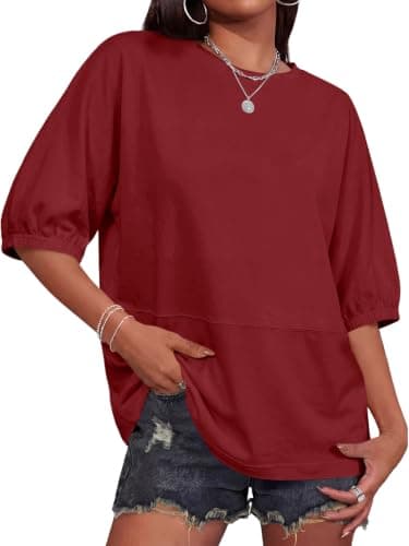 Tankaneo Oversized Tshirts for Women Summer Half Sleeve Tops Casual Crewneck Baggy Tunic Loose Fit Basic Tees Spring Clothes Wine Red - Image 1