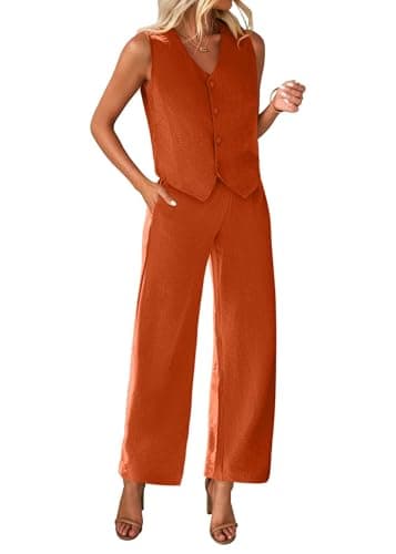 KIRUNDO Vest and Pants Set Women 2 Piece Outfits Sleeveless V Neck Linen Copped Blazer Vest and Wide Leg Pants Suits Brunch Summer Outfits 2026 Work Clothes(Brick Red, Medium) - Image 1