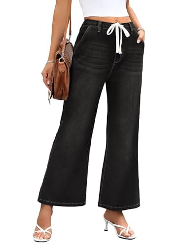 HDLTE Wide Leg Jeans Woman High Waisted Trendy Pull On Elastic Waist Drawstring Stretchy Denim Jean Pants with Pockets，Black，XL - Image 1