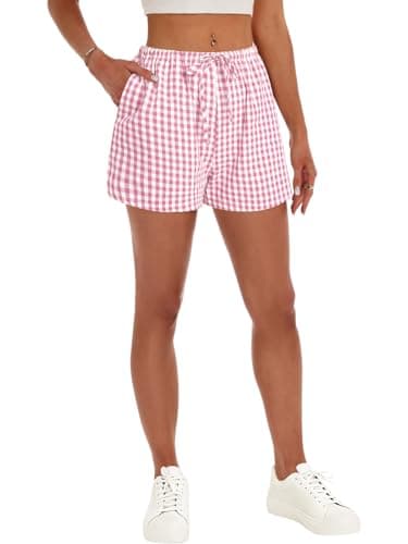 GKBK Boxer Shorts for Women Gingham Pajama 2026 Summer Spring Casual Lounge Sleep Plaid Checkered Shorts with Pockets Y2K Beach Bottoms Pink White Plaid L - Thumbnail 6