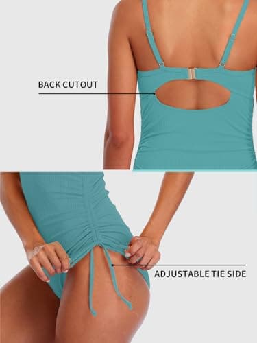 SOCIALA Ribbed One Piece Swimsuit Women Tie Side High Cut Bathing Suits Tummy Control Swim Suit 2026 Ruched Monokinis Blue XL - Thumbnail 4