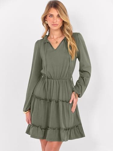 Caracilia Long Sleeve Dress for Women Fall 2026 Casual V Neck High Waist Tiered Ruffle Aline Swing Tunic Short Mini Dresses X-Large Army Green - Thumbnail 5