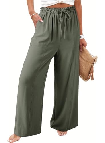 Dokotoo Wide Leg Pants Woman Palazzo Pants 2026 Drawstring Flowy Elastic Waist Petite Casual Dress Trousers Vacation Outfits with Pockets Beach Vacation Clothes,Olive XX-Large - Image 1