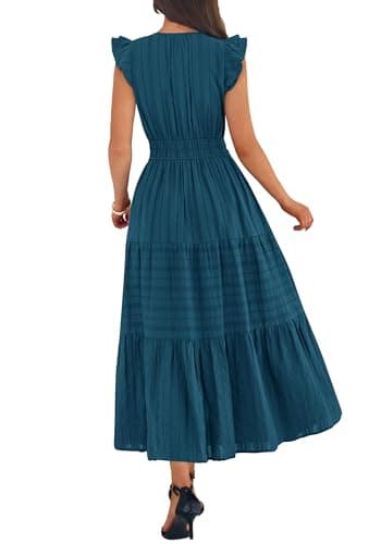 BTFBM Womens Summer Maxi Dress 2026 Spring Boho Vacation Ruffle Flutter Short Sleeve A Line Tiered Flowy Dresses Pockets(Lake Blue, Large) - Thumbnail 3