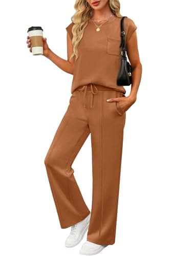 ANRABESS Two Piece Sets for Women 2026 Summer Travel Vacation Outfits Sleeveless Lounge Set Matching Wide Leg Pants Sweatsuit Large - Image 1