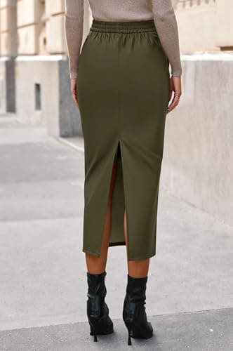 BTFBM Skirts for Women Trendy Spring 2026 Elastic Waist Ruched Bodycon Slit Pencil Midi Leather Skirt Bussiness Casual(Army Green, Medium) - Thumbnail 3