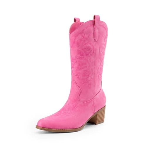 DREAM PAIRS Cowboy Boots for Women Cowgirl Western Boots Fashion Embroidery Stitched Chunky Heel Mid Calf Boots,Size 9,Pink-Nubuck,DWUMMB2504 - Image 1