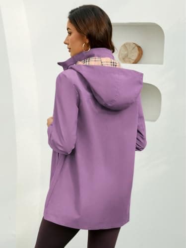 MODERN BUBBLE Womens Long Hooded Rain Jacket Waterproof Outdoor Hiking Raincoat Windbreaker Lightweight Trench Coat (US, Alpha, X-Large, Regular, Regular, Light-Purple) - Thumbnail 6