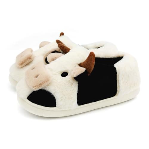 PUWAN Cute Cow Fuzzy Slippers for Women Men, Cotton Animals House Slippers Fluffy Plush Indoor Shoes for Living Room Bedroom, Size 9.5-10 - Image 1