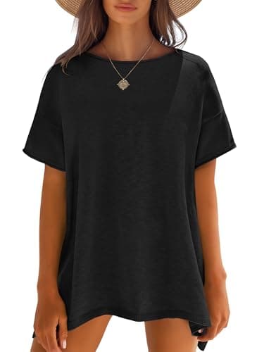 Caracilia Women Summer Lightweight Sweater Top Oversized Short Sleeve Drop Shoulder Seams Outside Casual T-Shirts Trendy 2026 Black Large - Image 1