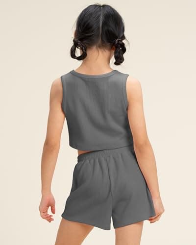 Stelle Girls Athletic Sets, Scoop Neck Ribbed Tank Tops Elastic Waist Shorts With Pockets 2 Piece Outfits, Girls Athletic Outfit 14-15, Charcoal, Xx-Large - Thumbnail 3