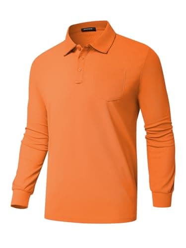Promen polo Men's Classic Long Sleeve Polo Shirts Casual Lightweight Solid Golf Shirts with Pocket Orange L - Image 1