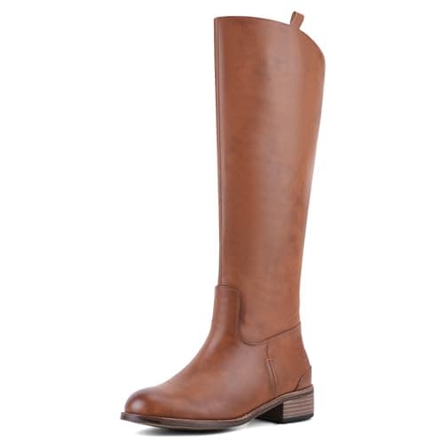 QIV Womens Brown Knee High Boots – Round Toe Riding Boots with Low Block Heel, Back Zip, Long Tall Fashion Style for Fall & Winter Size 10 - Image 1