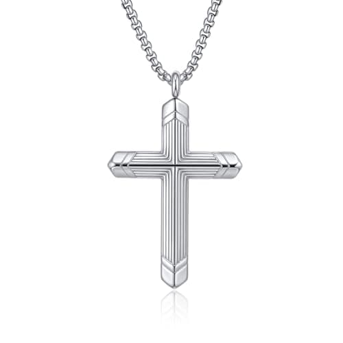 Stainless Steel Cross Necklace for Men, Silver Black gold plated Cross Pendant Jesus Necklace Chain, Non Tarnish Sturdy Mens Christian Jewelry Gifts for Him Baptism Confirmation Birthday, 24 Inch - Image 1