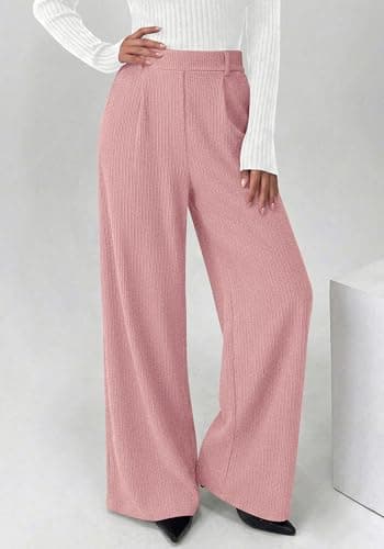 BTFBM Wide Leg Pants for Women Dressy Work Business Casual Elastic High Waisted Trousers Ribbed Lounge Palazzo Pants(Pink, XX-Large) - Thumbnail 5