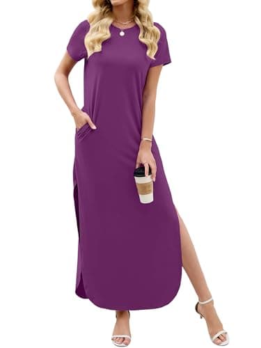 Heymoments Womens Summer Maxi Dress Violet Purple Large Short Sleeve Casual Loose Fitted Long T Shirt Ladies Flowy Dresses Split Cute Vacation Party Beach Travel Elegant Sundress with Pockets - Image 1