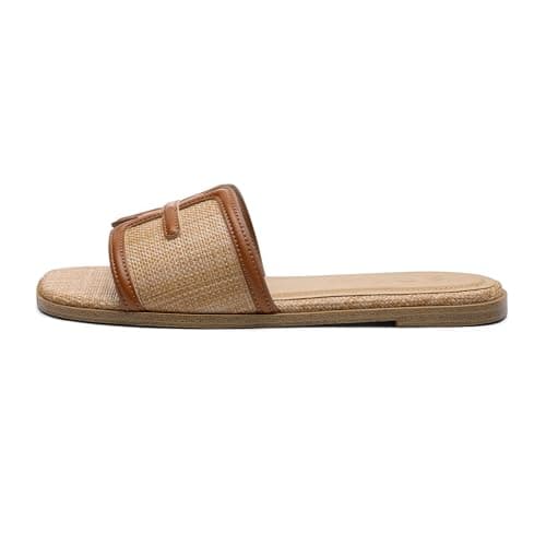 Athlefit Brown Flat Sandals for Women Raffia Comfortable Square Open Toe Slip On Beach Casual Slide Sandals Size 6.5 - Thumbnail 3
