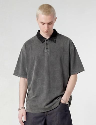 Vamtac Mens Oversized Polo Shirts Vintage Y2k Shirt Acid Wash Heavyweight Cotton Tee Short Sleeve Streetwear Tops Grey - Thumbnail 4