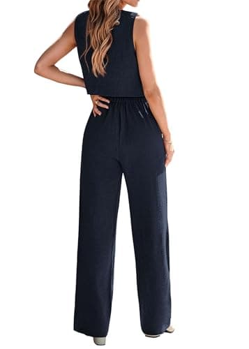 KIRUNDO Two Piece Outfits for Women Summer Sets 2026 Trendy Button Crop Vest Wide Leg Pantsuit Matching Set Spring Fashion Clothes(Navy, Small) - Thumbnail 2