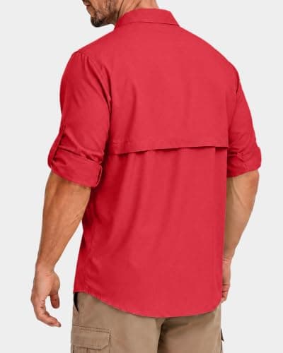 Men's Sun Protection Fishing Shirt UPF 50+ Long Sleeve Safari Hiking Travel Shirts with Pockets Quick Dry(Red Small) - Thumbnail 4