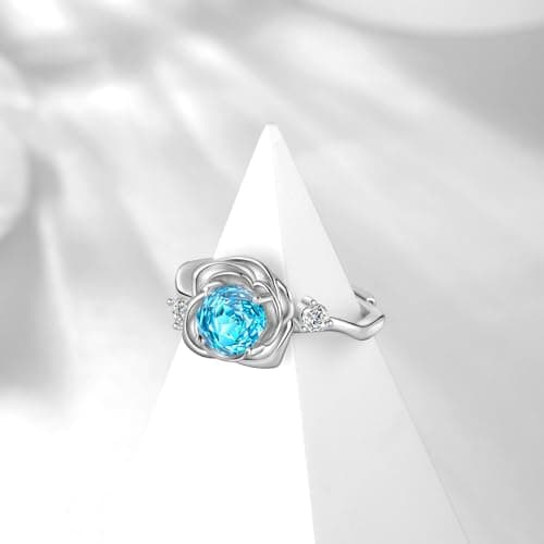 Rose Birthstone Opening Ring - 925 Sterling Silver Rose Cut Cubic Zirconia March Aquamarine Flower Adjustable Anniversary Engagement Promise Ring Birthday Jewelry Gift for Wife Mom Daughter DR0166M - Thumbnail 3