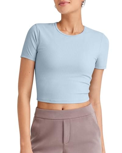 G4Free Cropped Tees for Women Ribbed Short Sleeve Seamless Casual Shirts Breathable Lightweight Running Crop Y2K Tops(Blue Willow,XL) - Image 1