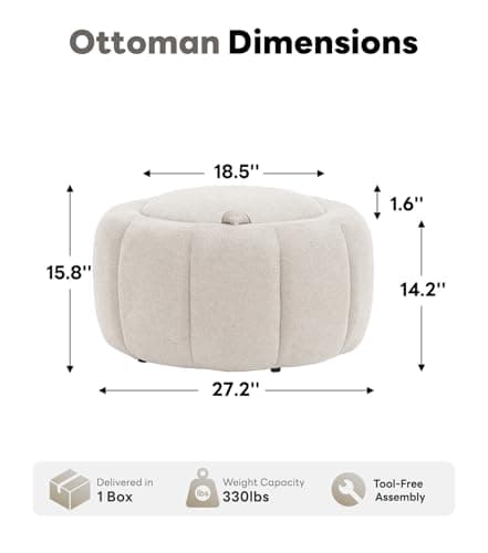 Tbfit Round Storage Ottoman with Hidden Storage, 27.2 x 27.2 x 15.8 Inches - Thumbnail 2